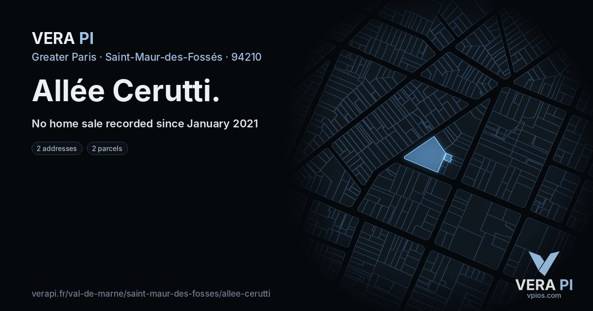 Allée Cerutti, Saint-Maur-des-Fossés at night – every parcel coloured by the prices around it, the street's own parcels lit