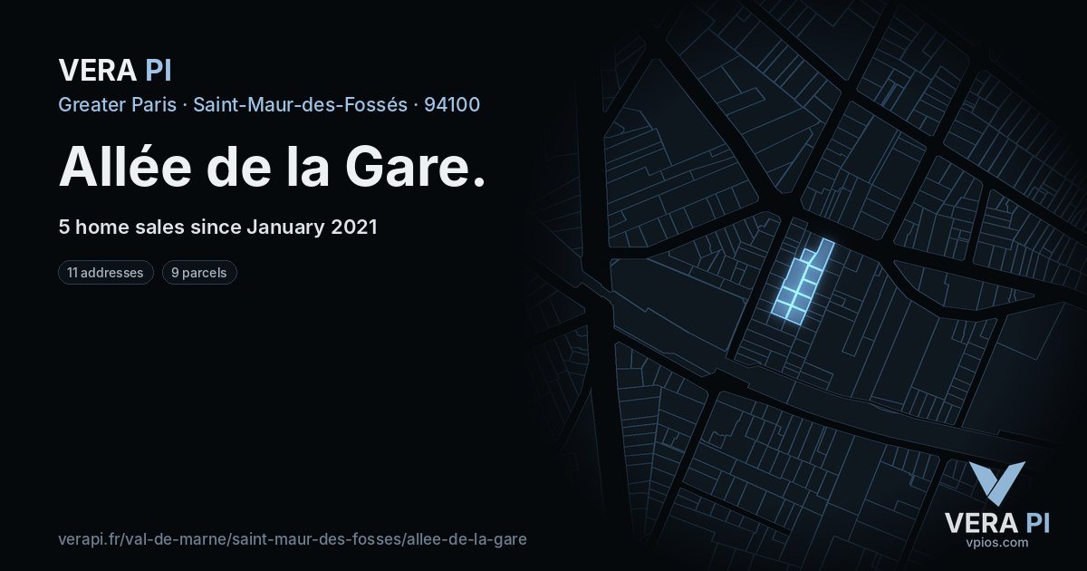 Allée de la Gare, Saint-Maur-des-Fossés at night – every parcel coloured by the prices around it, the street's own parcels lit