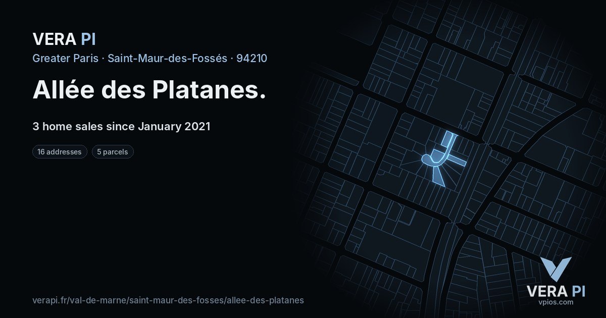 Allée des Platanes, Saint-Maur-des-Fossés at night – every parcel coloured by the prices around it, the street's own parcels lit