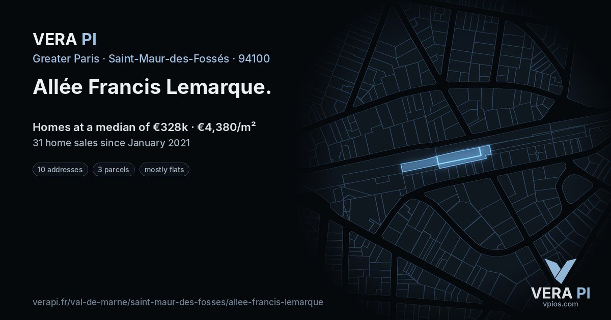 Allée Francis Lemarque, Saint-Maur-des-Fossés at night – every parcel coloured by the prices around it, the street's own parcels lit