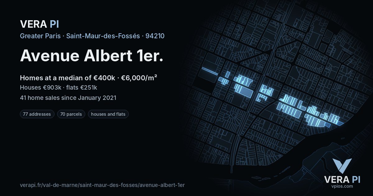 Avenue Albert 1er, Saint-Maur-des-Fossés at night – every parcel coloured by the prices around it, the street's own parcels lit