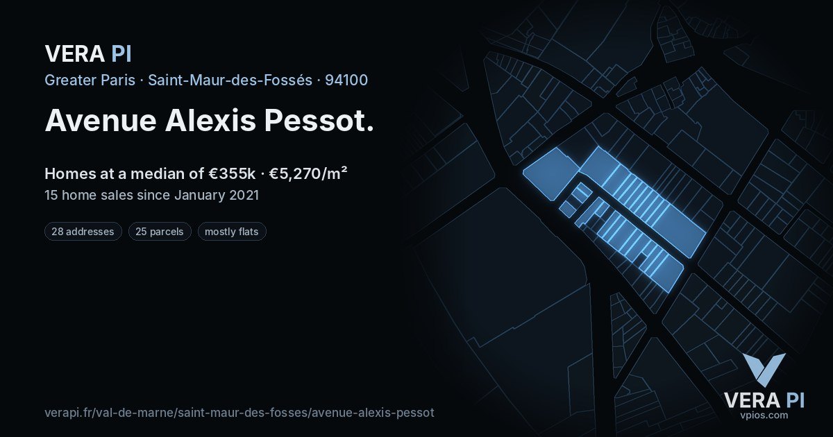 Avenue Alexis Pessot, Saint-Maur-des-Fossés at night – every parcel coloured by the prices around it, the street's own parcels lit