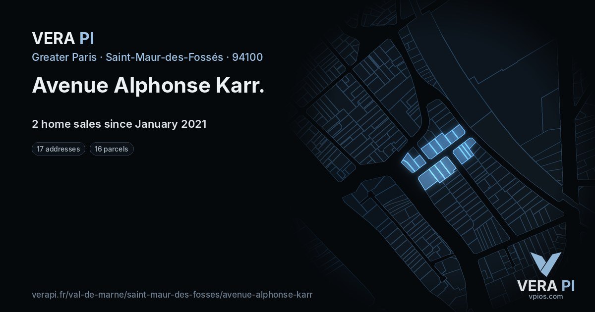 Avenue Alphonse Karr, Saint-Maur-des-Fossés at night – every parcel coloured by the prices around it, the street's own parcels lit