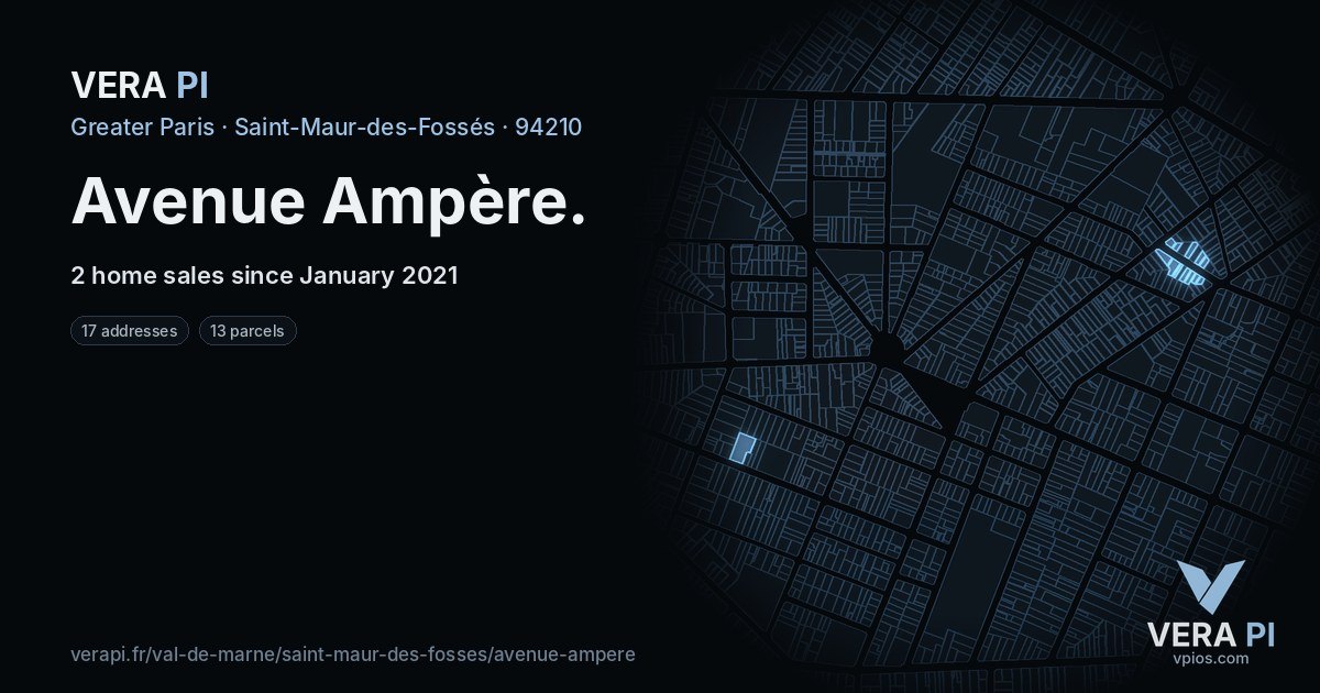 Avenue Ampère, Saint-Maur-des-Fossés at night – every parcel coloured by the prices around it, the street's own parcels lit