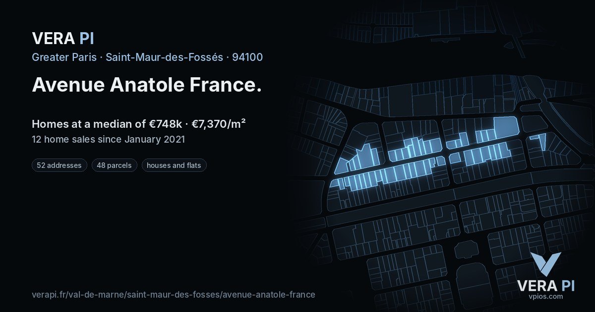 Avenue Anatole France, Saint-Maur-des-Fossés at night – every parcel coloured by the prices around it, the street's own parcels lit