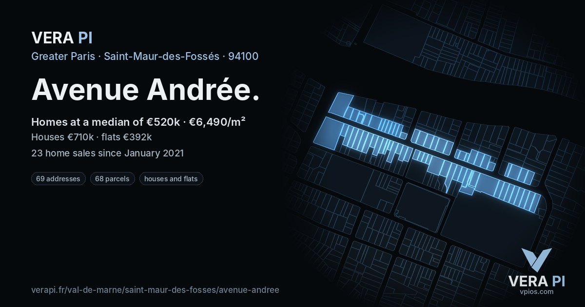 Avenue Andrée, Saint-Maur-des-Fossés at night – every parcel coloured by the prices around it, the street's own parcels lit