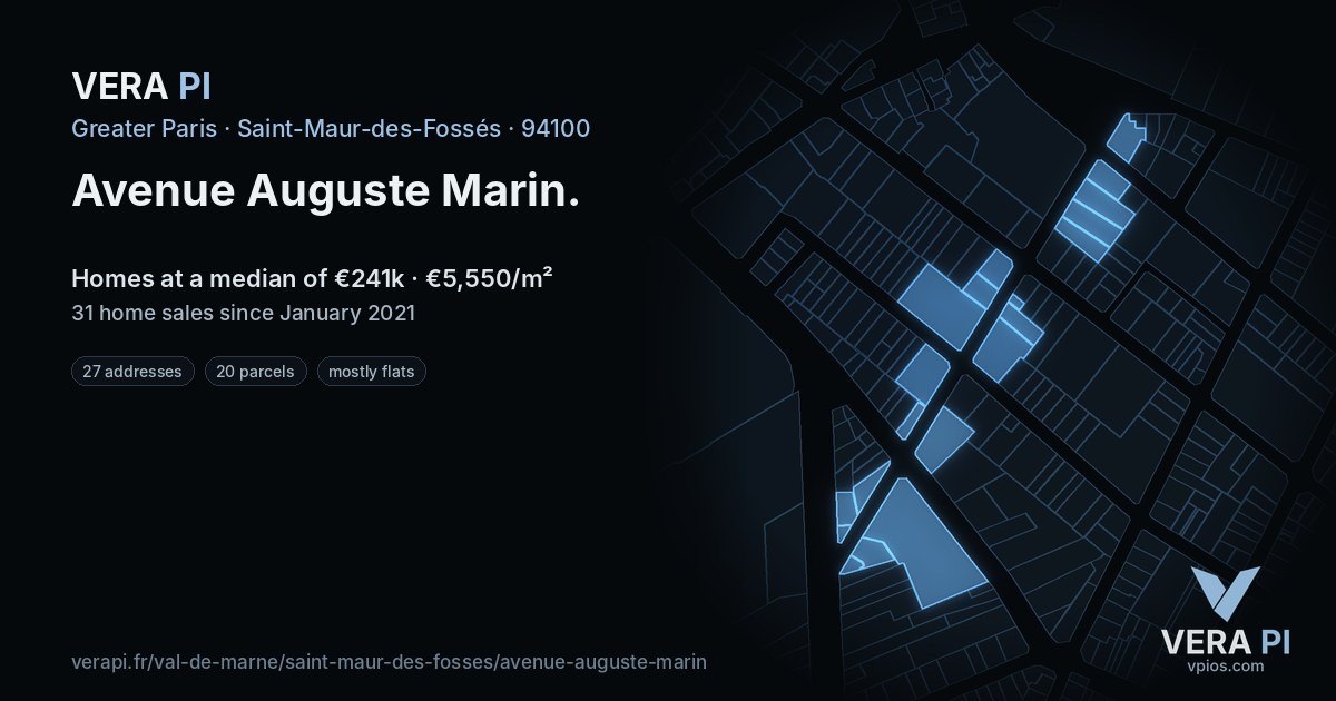 Avenue Auguste Marin, Saint-Maur-des-Fossés at night – every parcel coloured by the prices around it, the street's own parcels lit