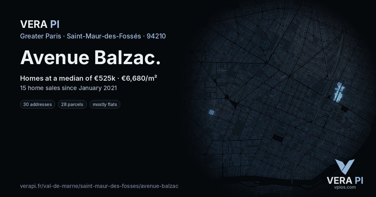Avenue Balzac, Saint-Maur-des-Fossés at night – every parcel coloured by the prices around it, the street's own parcels lit