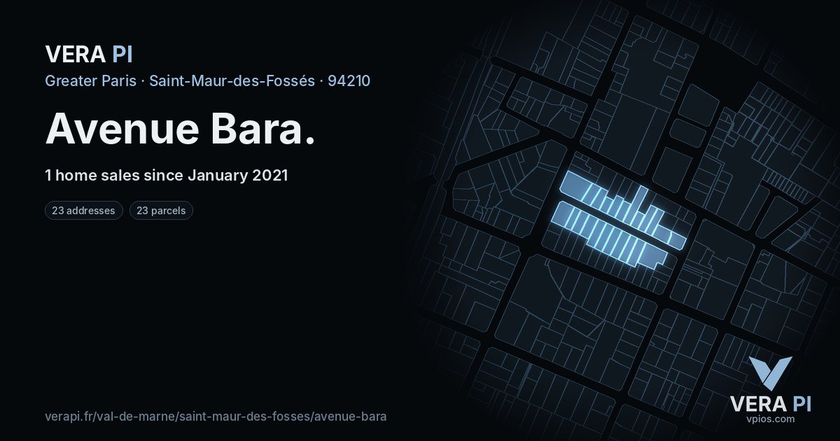 Avenue Bara, Saint-Maur-des-Fossés at night – every parcel coloured by the prices around it, the street's own parcels lit