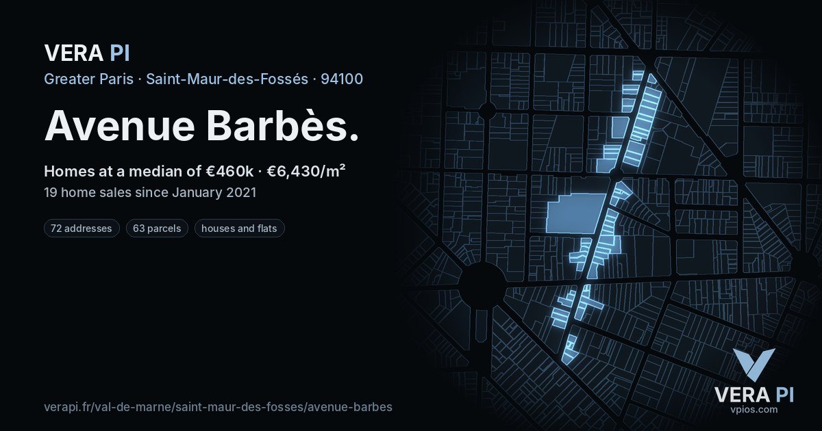 Avenue Barbès, Saint-Maur-des-Fossés at night – every parcel coloured by the prices around it, the street's own parcels lit