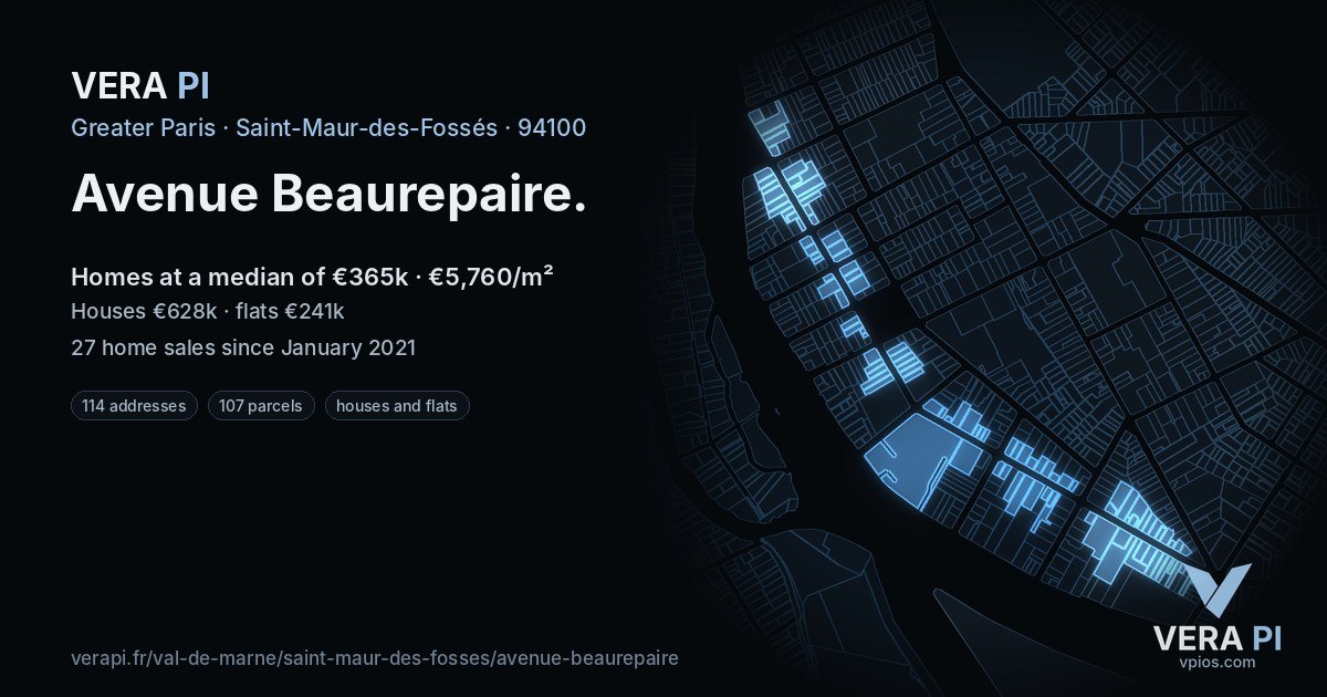 Avenue Beaurepaire, Saint-Maur-des-Fossés at night – every parcel coloured by the prices around it, the street's own parcels lit