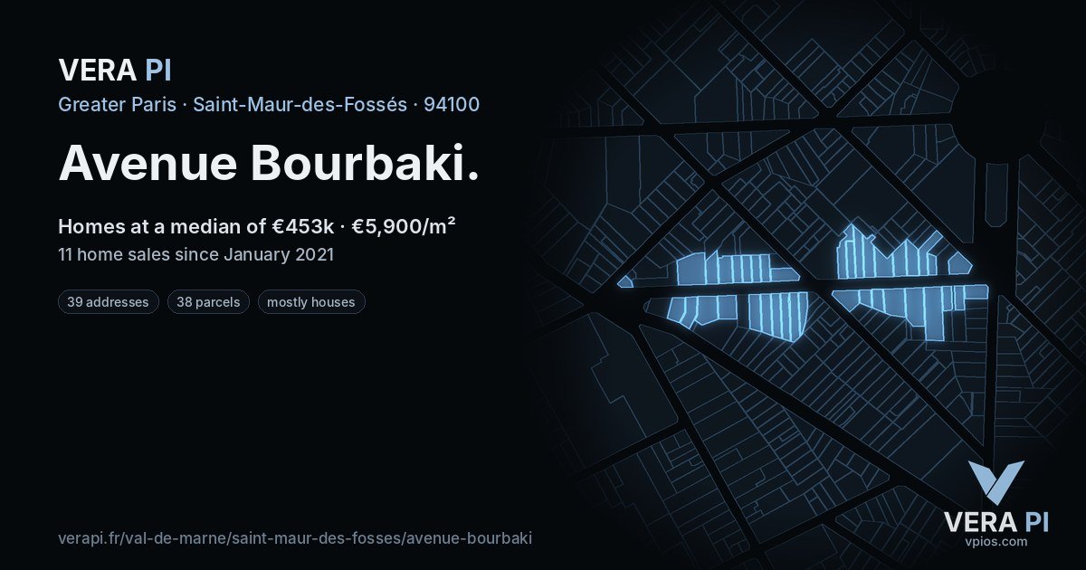 Avenue Bourbaki, Saint-Maur-des-Fossés at night – every parcel coloured by the prices around it, the street's own parcels lit