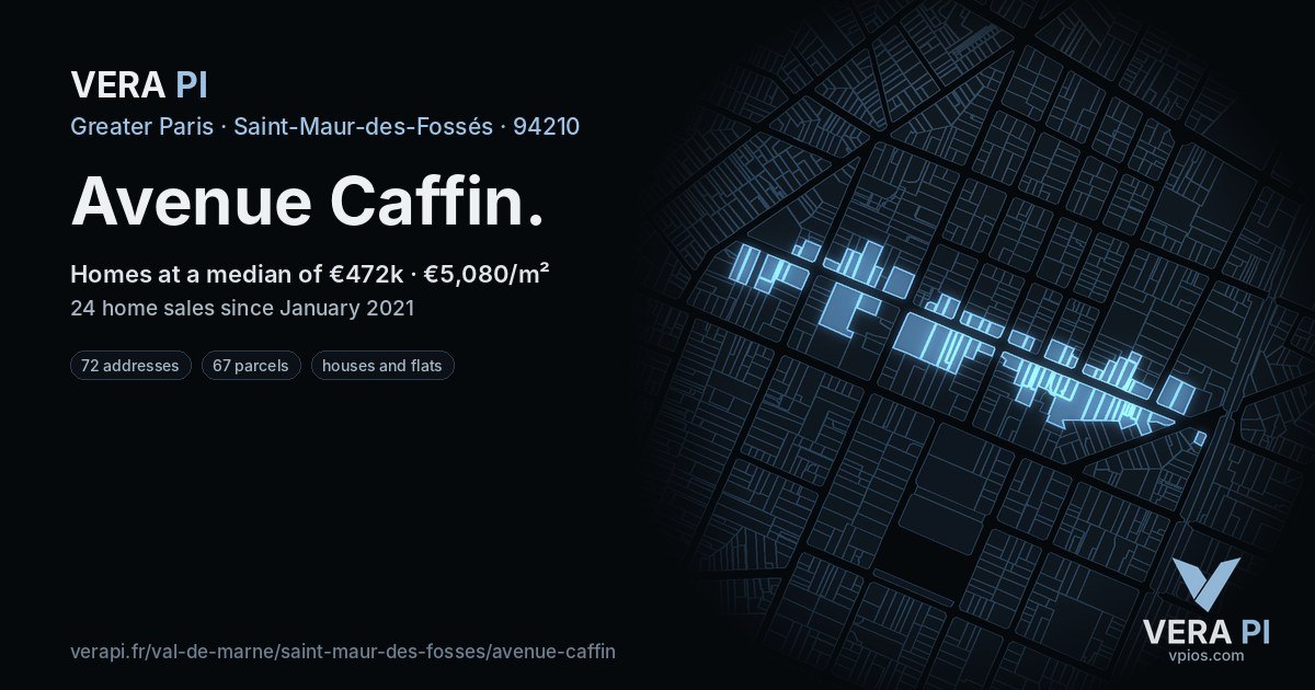 Avenue Caffin, Saint-Maur-des-Fossés at night – every parcel coloured by the prices around it, the street's own parcels lit