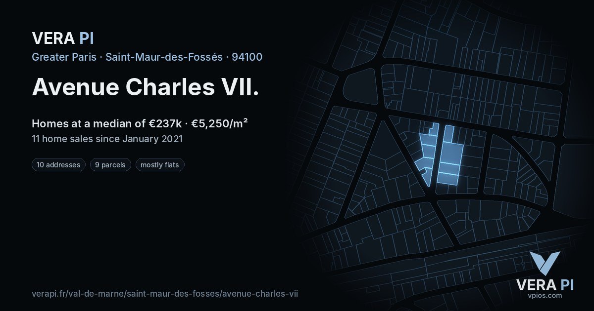 Avenue Charles VII, Saint-Maur-des-Fossés at night – every parcel coloured by the prices around it, the street's own parcels lit