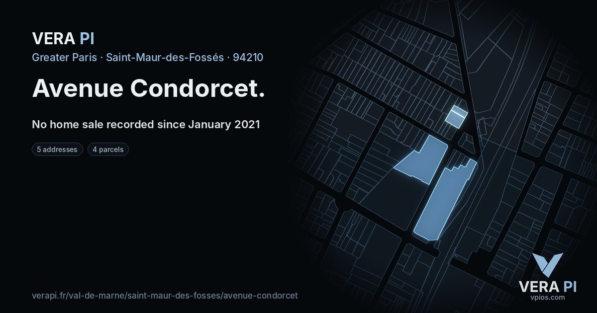 Avenue Condorcet, Saint-Maur-des-Fossés at night – every parcel coloured by the prices around it, the street's own parcels lit