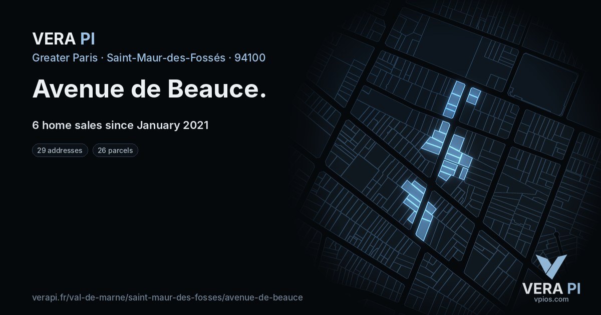 Avenue de Beauce, Saint-Maur-des-Fossés at night – every parcel coloured by the prices around it, the street's own parcels lit