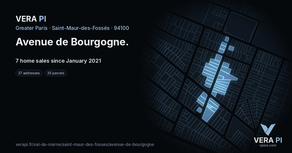 Avenue de Bourgogne, Saint-Maur-des-Fossés at night – every parcel coloured by the prices around it, the street's own parcels lit