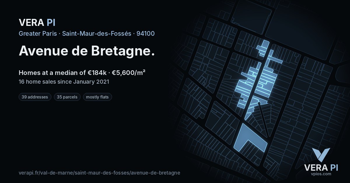 Avenue de Bretagne, Saint-Maur-des-Fossés at night – every parcel coloured by the prices around it, the street's own parcels lit