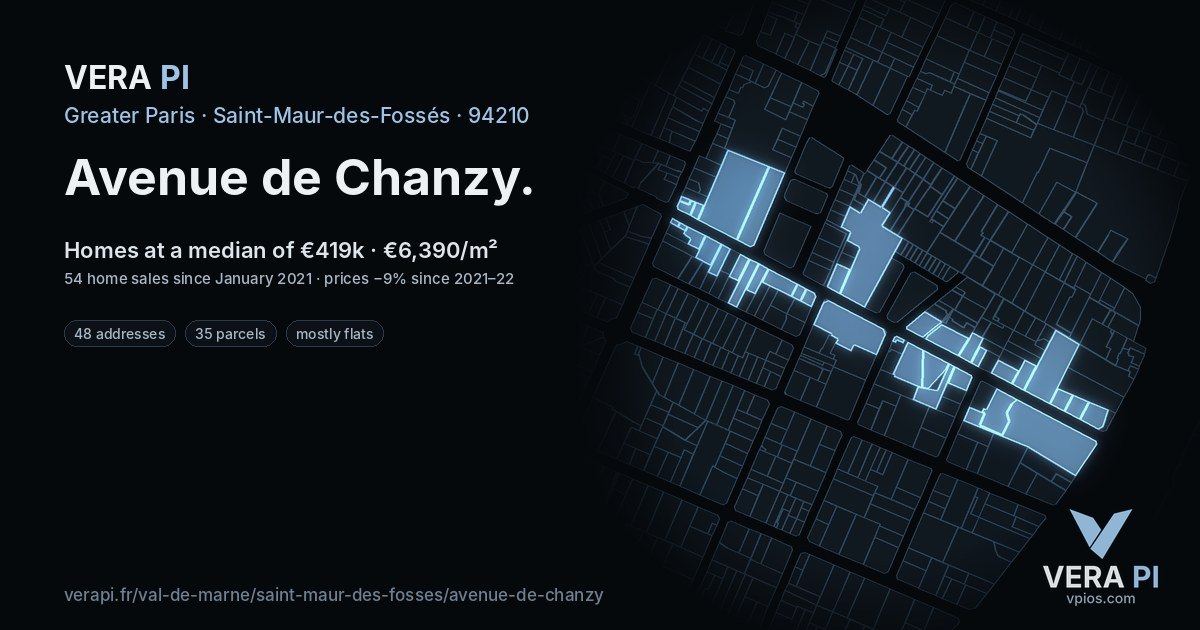 Avenue de Chanzy, Saint-Maur-des-Fossés at night – every parcel coloured by the prices around it, the street's own parcels lit