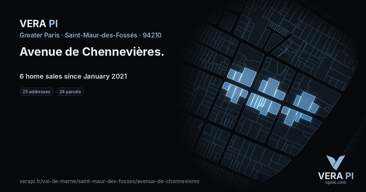 Avenue de Chennevières, Saint-Maur-des-Fossés at night – every parcel coloured by the prices around it, the street's own parcels lit