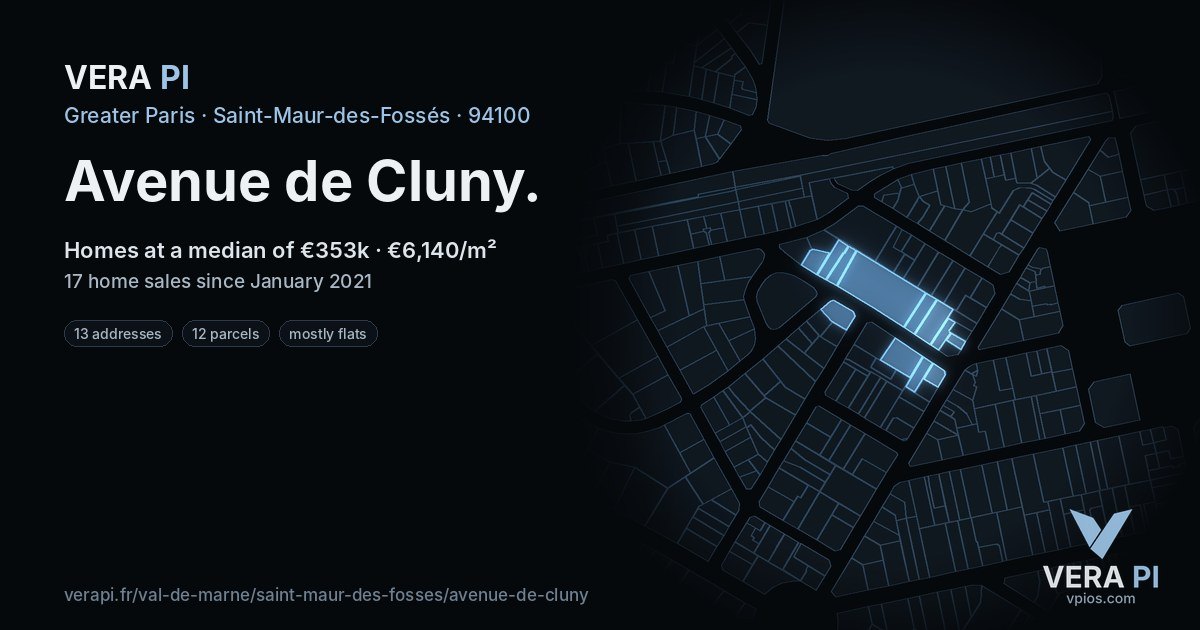 Avenue de Cluny, Saint-Maur-des-Fossés at night – every parcel coloured by the prices around it, the street's own parcels lit