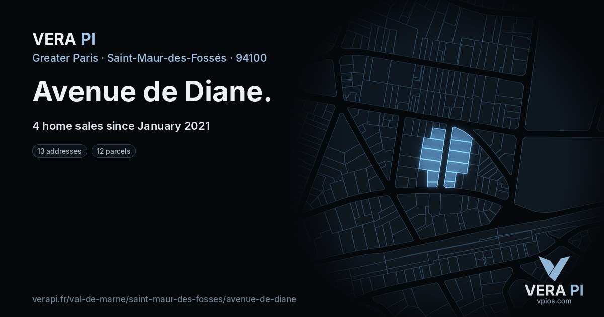 Avenue de Diane, Saint-Maur-des-Fossés at night – every parcel coloured by the prices around it, the street's own parcels lit