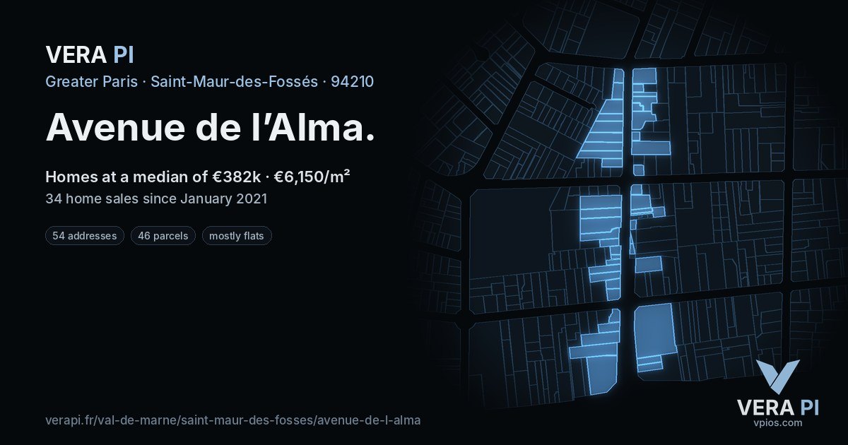 Avenue de l’Alma, Saint-Maur-des-Fossés at night – every parcel coloured by the prices around it, the street's own parcels lit