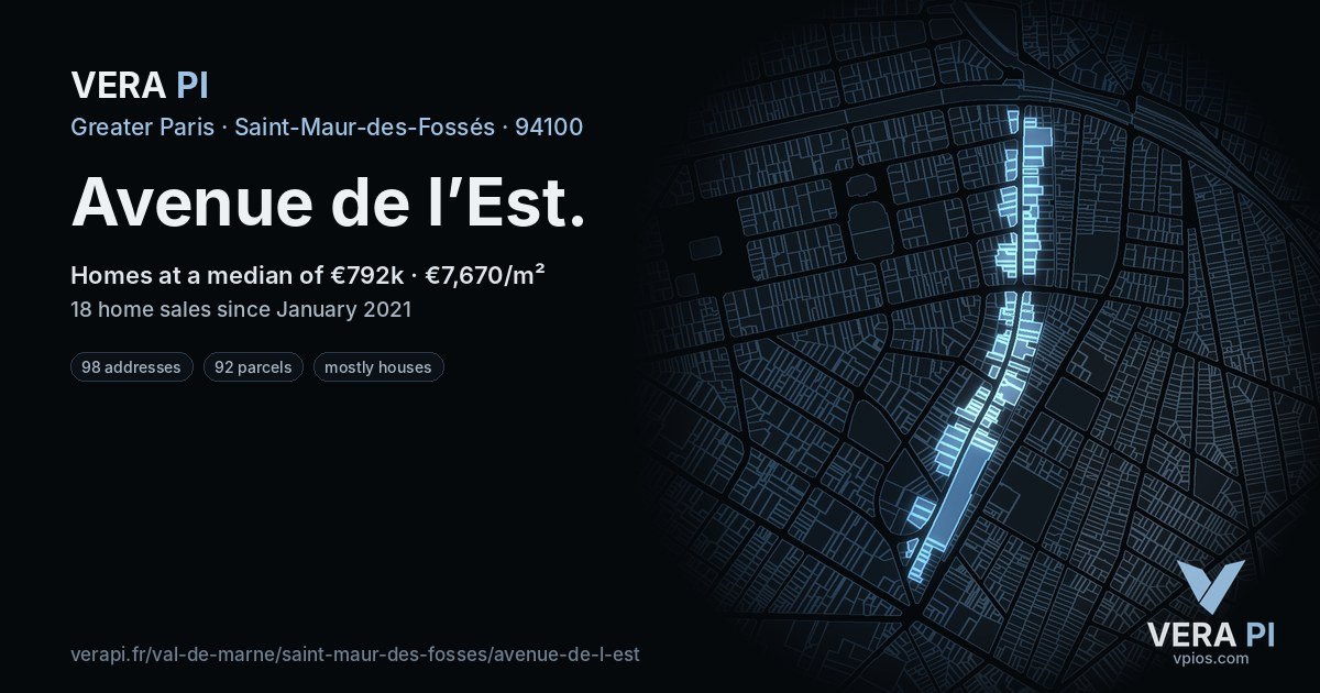 Avenue de l’Est, Saint-Maur-des-Fossés at night – every parcel coloured by the prices around it, the street's own parcels lit