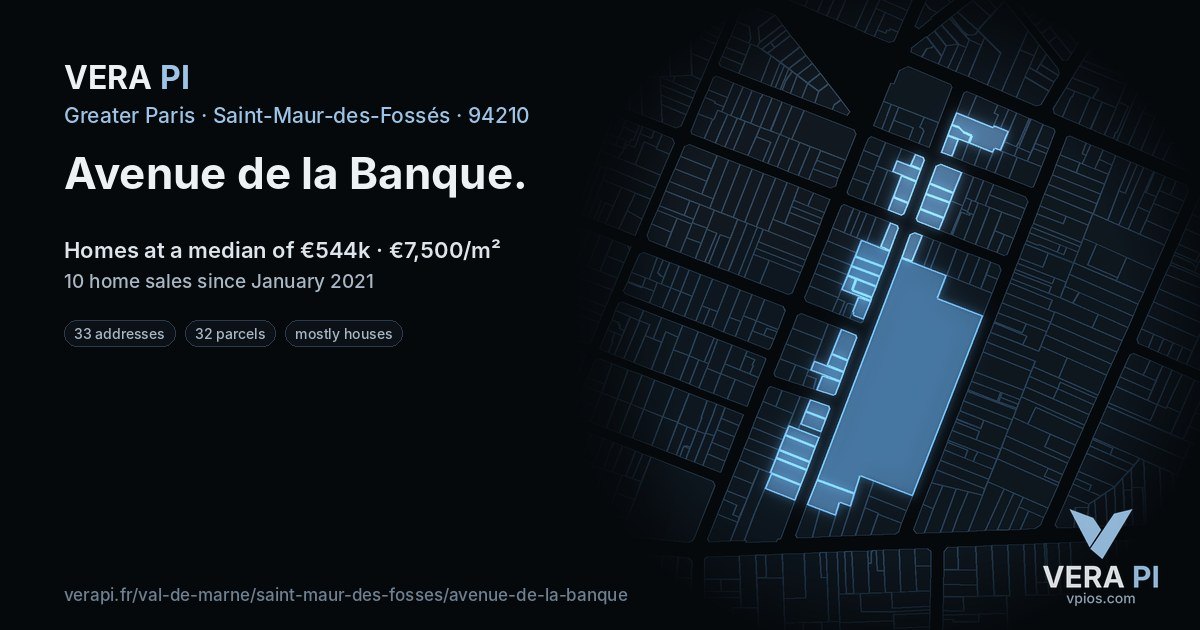 Avenue de la Banque, Saint-Maur-des-Fossés at night – every parcel coloured by the prices around it, the street's own parcels lit
