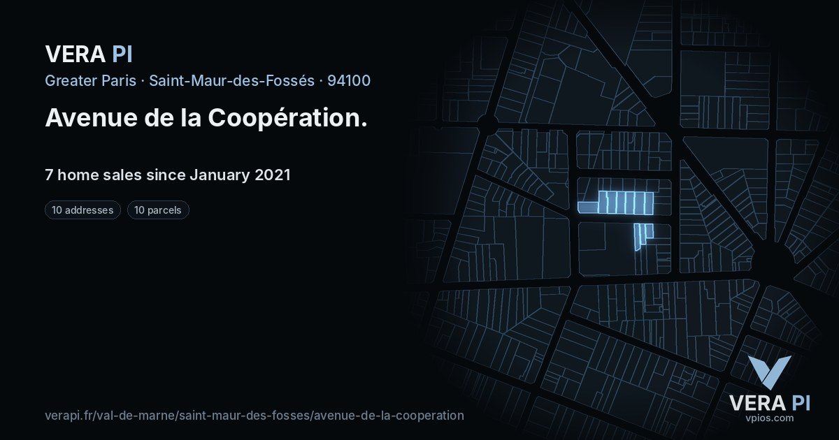 Avenue de la Coopération, Saint-Maur-des-Fossés at night – every parcel coloured by the prices around it, the street's own parcels lit