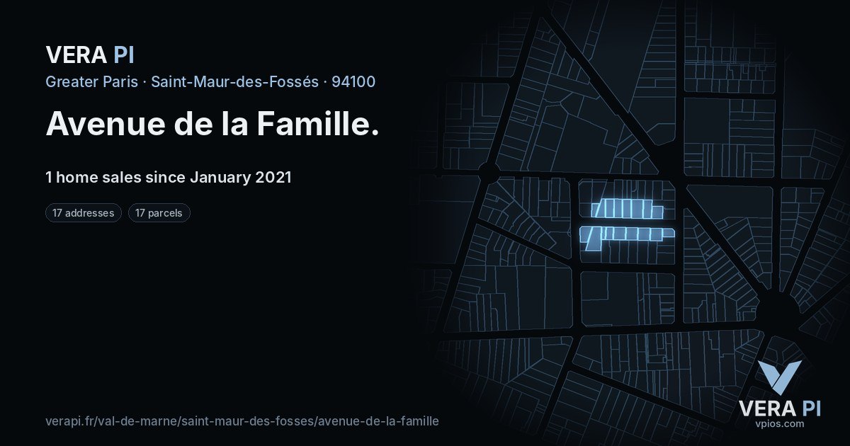 Avenue de la Famille, Saint-Maur-des-Fossés at night – every parcel coloured by the prices around it, the street's own parcels lit