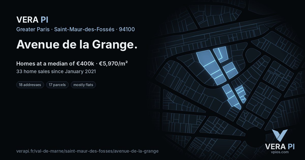 Avenue de la Grange, Saint-Maur-des-Fossés at night – every parcel coloured by the prices around it, the street's own parcels lit
