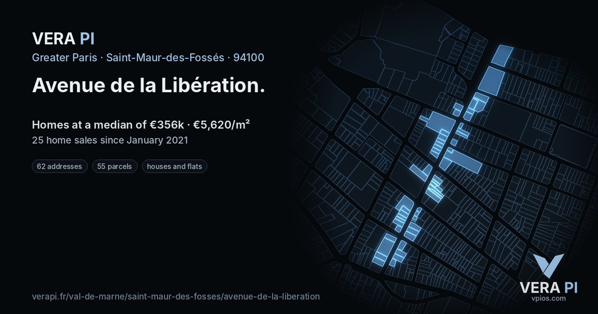 Avenue de la Libération, Saint-Maur-des-Fossés at night – every parcel coloured by the prices around it, the street's own parcels lit