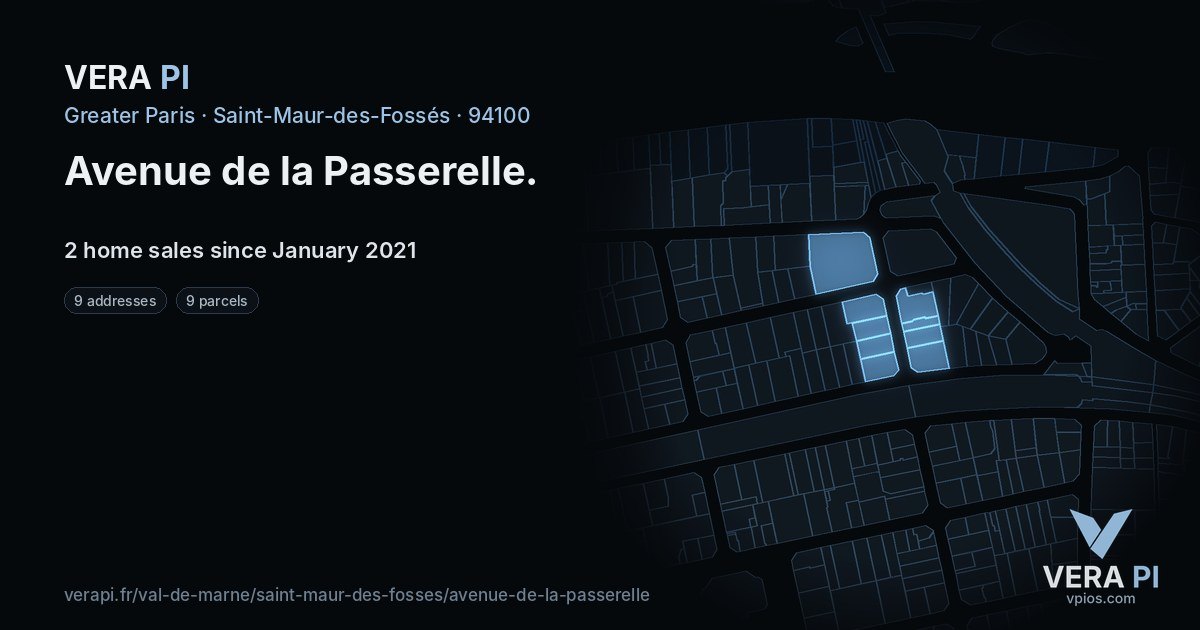 Avenue de la Passerelle, Saint-Maur-des-Fossés at night – every parcel coloured by the prices around it, the street's own parcels lit