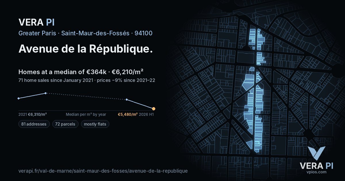 Avenue de la République, Saint-Maur-des-Fossés at night – every parcel coloured by the prices around it, the street's own parcels lit
