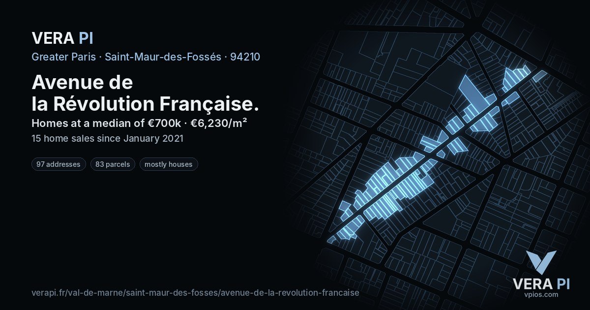 Avenue de la Révolution Française, Saint-Maur-des-Fossés at night – every parcel coloured by the prices around it, the street's own parcels lit