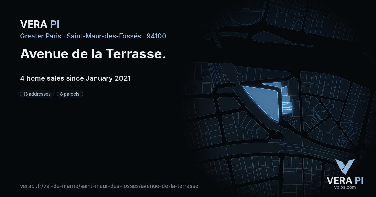 Avenue de la Terrasse, Saint-Maur-des-Fossés at night – every parcel coloured by the prices around it, the street's own parcels lit