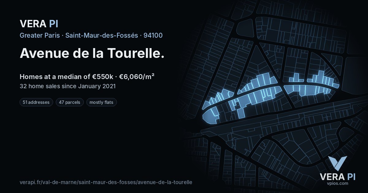 Avenue de la Tourelle, Saint-Maur-des-Fossés at night – every parcel coloured by the prices around it, the street's own parcels lit