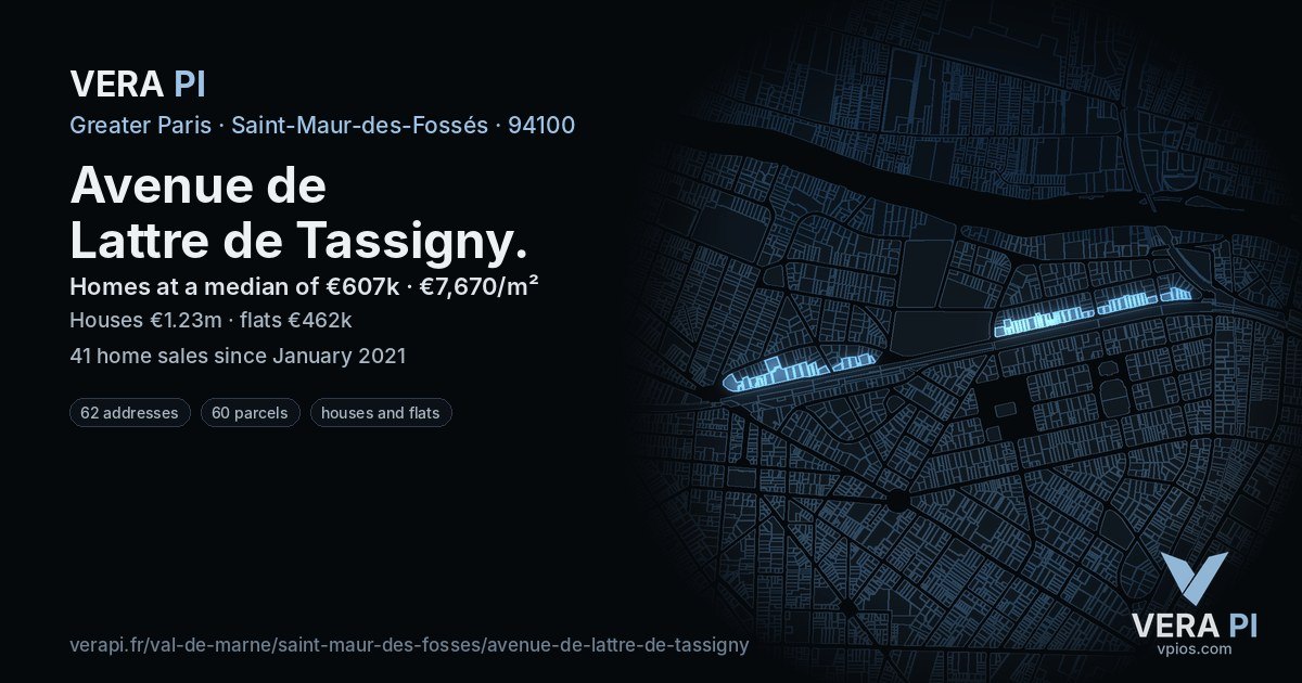 Avenue de Lattre de Tassigny, Saint-Maur-des-Fossés at night – every parcel coloured by the prices around it, the street's own parcels lit