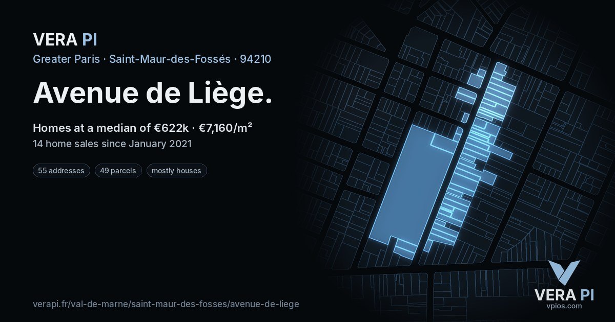 Avenue de Liège, Saint-Maur-des-Fossés at night – every parcel coloured by the prices around it, the street's own parcels lit