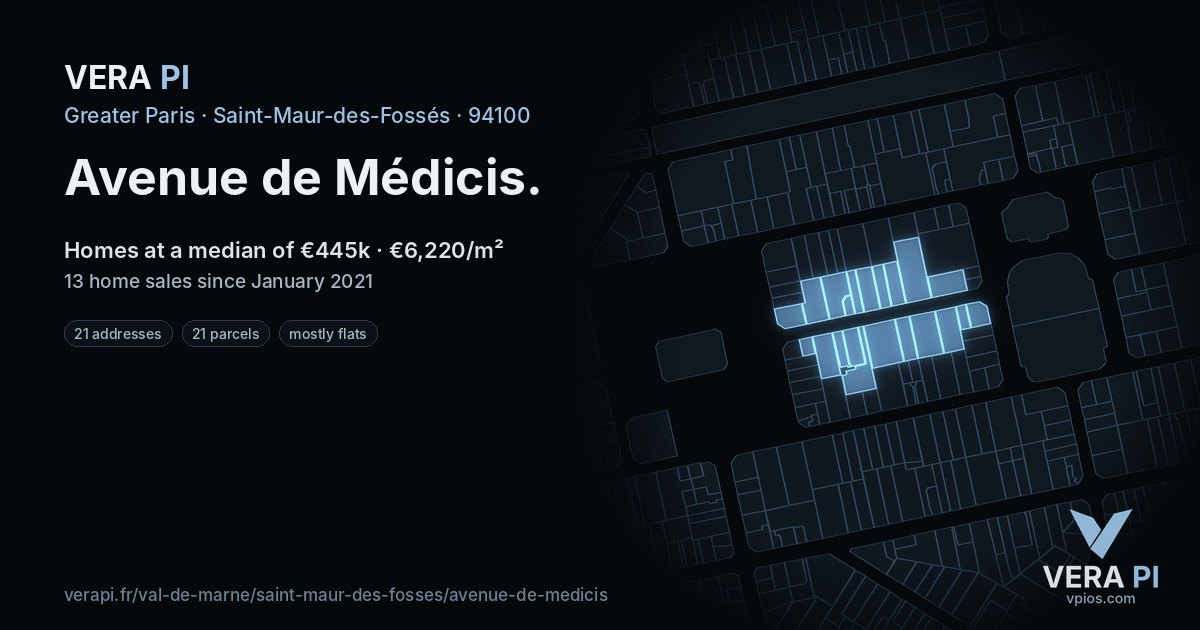 Avenue de Médicis, Saint-Maur-des-Fossés at night – every parcel coloured by the prices around it, the street's own parcels lit