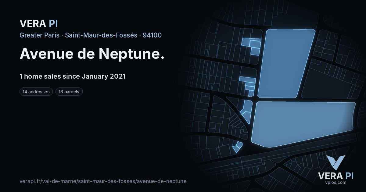 Avenue de Neptune, Saint-Maur-des-Fossés at night – every parcel coloured by the prices around it, the street's own parcels lit