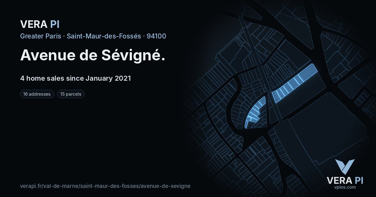 Avenue de Sévigné, Saint-Maur-des-Fossés at night – every parcel coloured by the prices around it, the street's own parcels lit