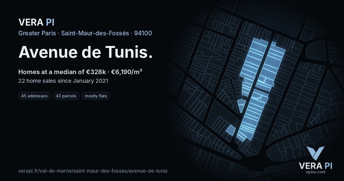 Avenue de Tunis, Saint-Maur-des-Fossés at night – every parcel coloured by the prices around it, the street's own parcels lit