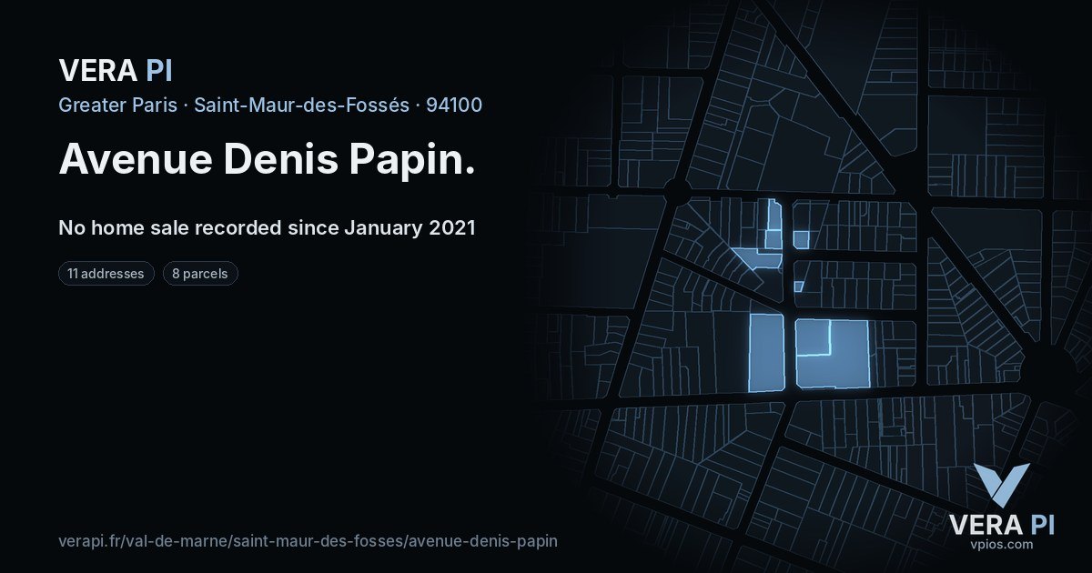 Avenue Denis Papin, Saint-Maur-des-Fossés at night – every parcel coloured by the prices around it, the street's own parcels lit