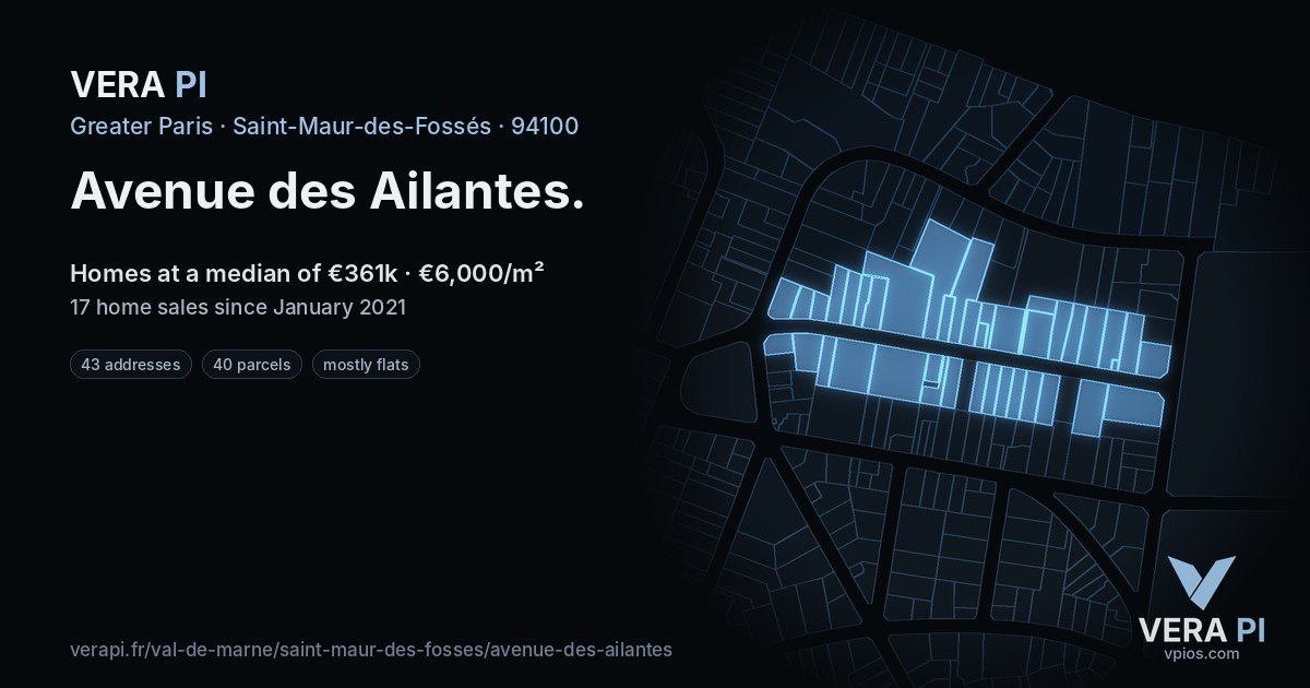 Avenue des Ailantes, Saint-Maur-des-Fossés at night – every parcel coloured by the prices around it, the street's own parcels lit