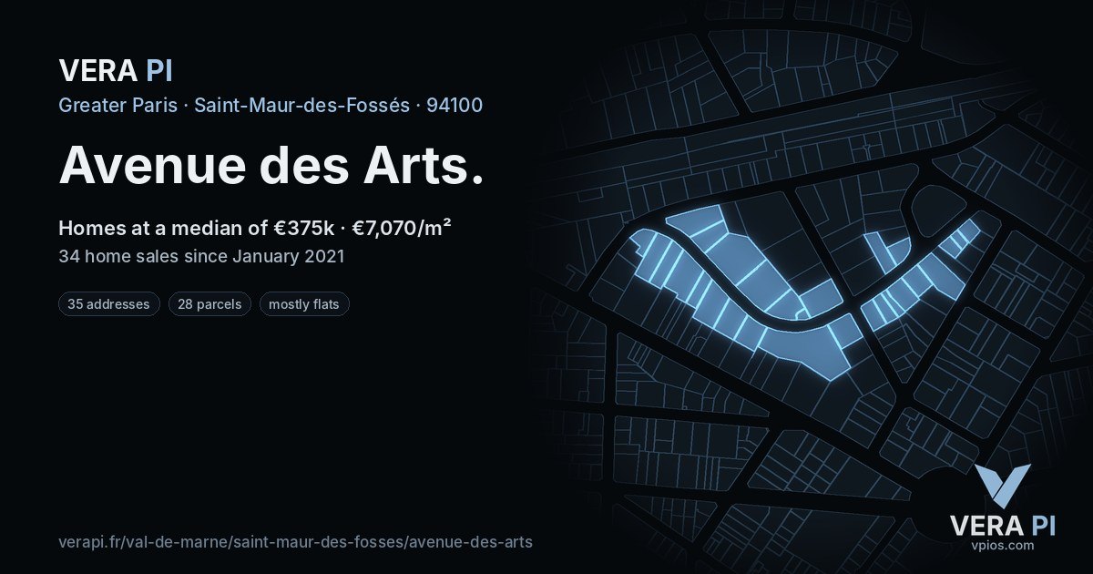 Avenue des Arts, Saint-Maur-des-Fossés at night – every parcel coloured by the prices around it, the street's own parcels lit