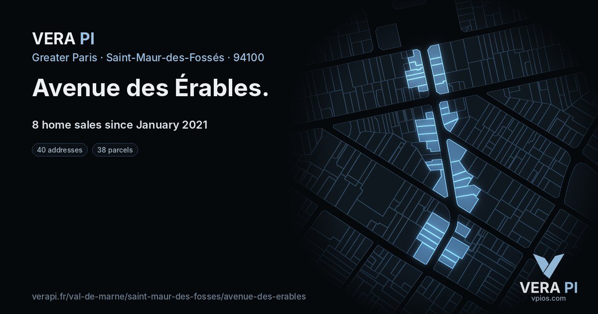 Avenue des Érables, Saint-Maur-des-Fossés at night – every parcel coloured by the prices around it, the street's own parcels lit