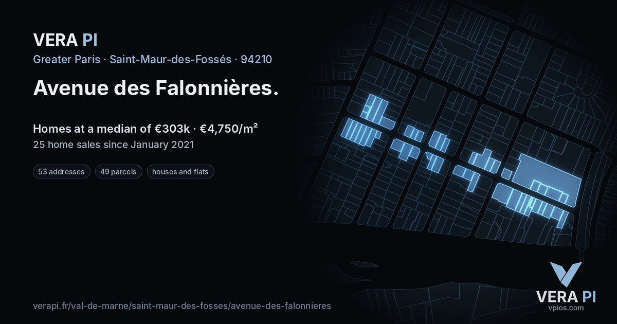 Avenue des Falonnières, Saint-Maur-des-Fossés at night – every parcel coloured by the prices around it, the street's own parcels lit