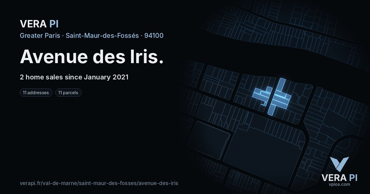 Avenue des Iris, Saint-Maur-des-Fossés at night – every parcel coloured by the prices around it, the street's own parcels lit